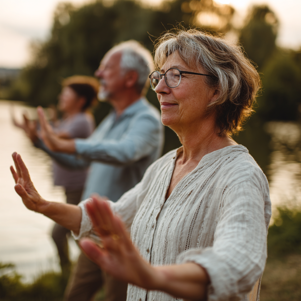 Middle-aged adults practicing gentle movement exercises in natural environment