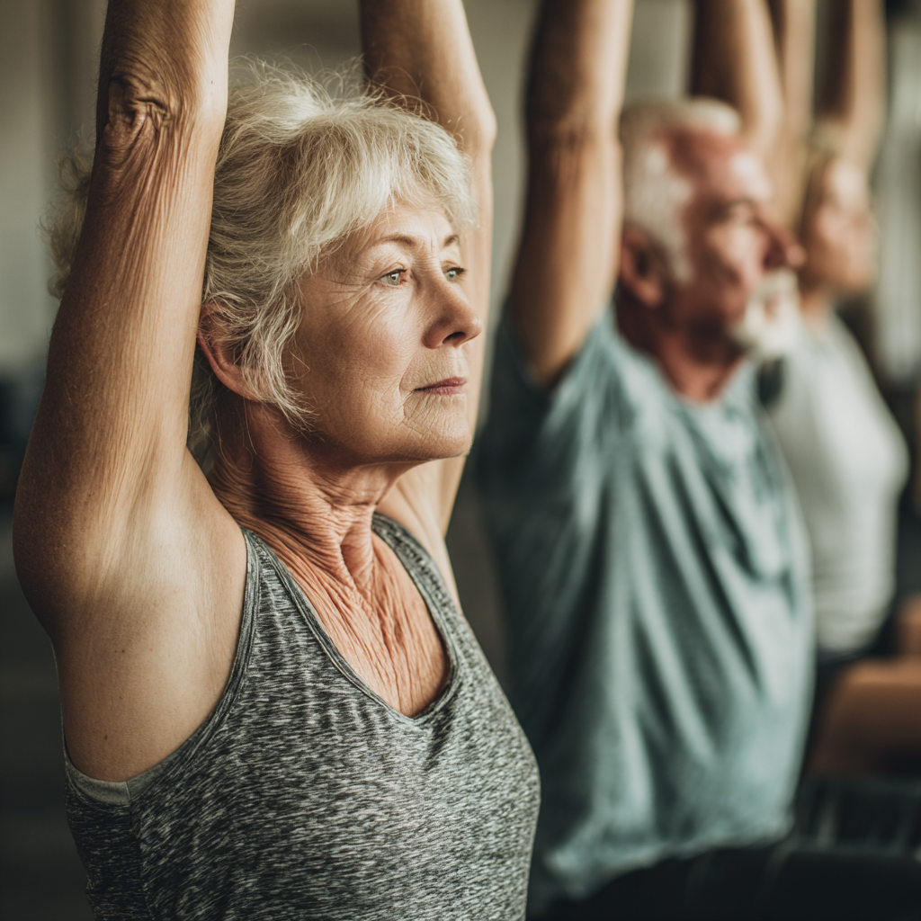 Older adults performing mobility exercises with gentle stretching movements